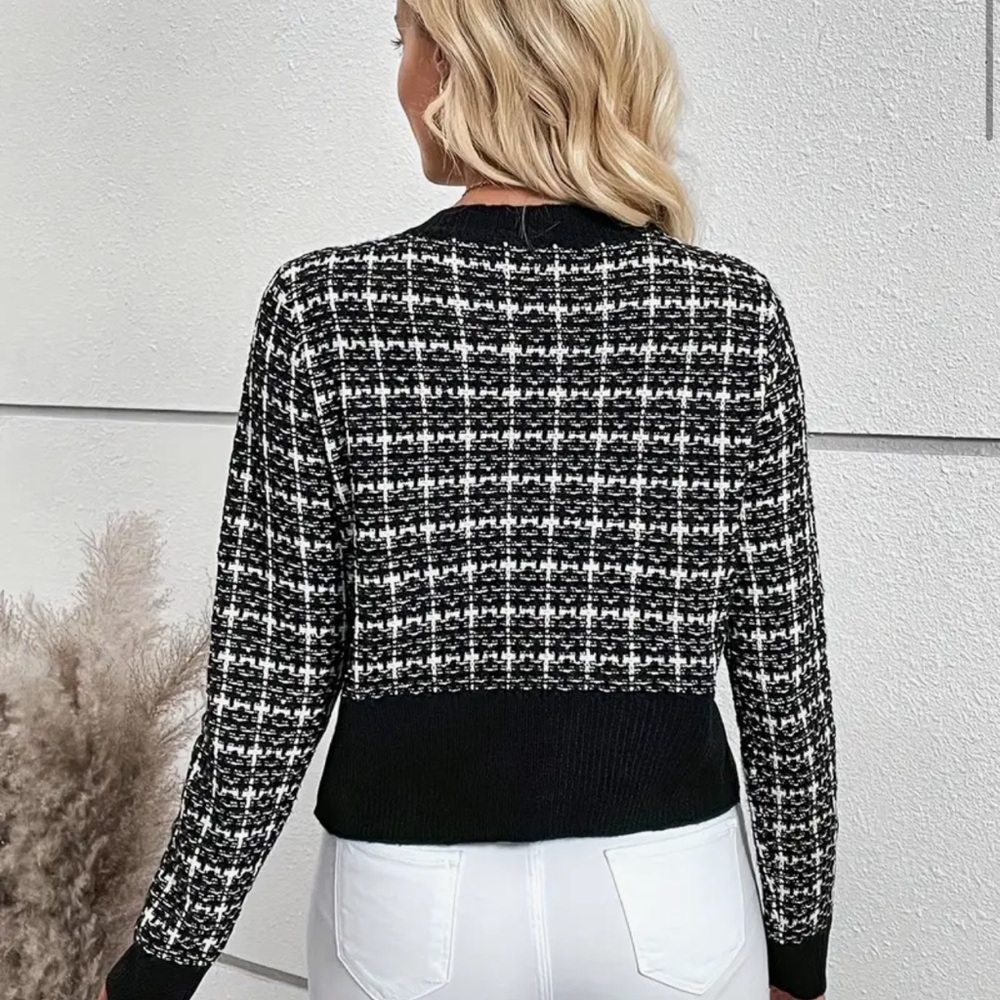 182. Plaid Pattern Button Front Cardigan, Elegant Color Block Long Sleeve - Picture 3 of 3